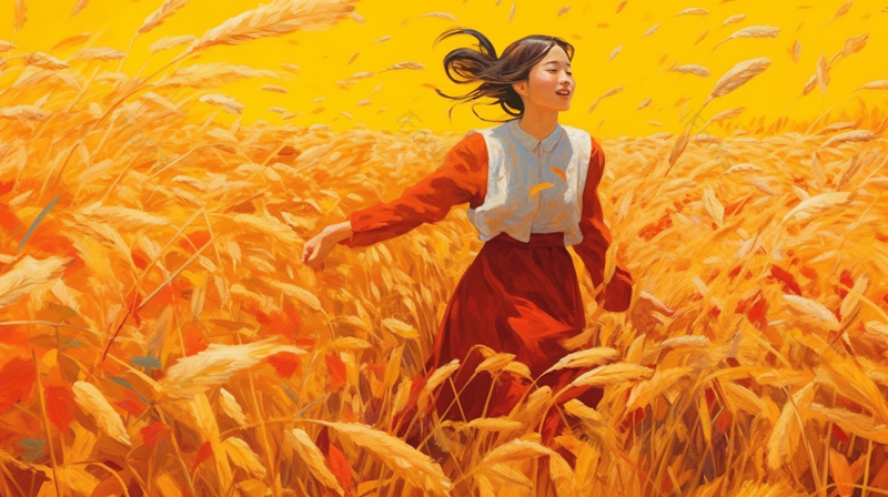 红色长裙女孩欢快芒种秋分秋季稻田麦田麦穗丰收秋收金色插画,插画/手绘图,插画/手绘图库,插画/手绘图下载,插画/手绘